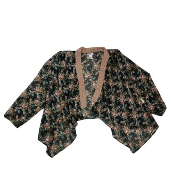 Loop18 Sheer Open Front Kimono Cardigan Top Womens Sz 21/23 Boho Black Floral - Picture 5 of 12